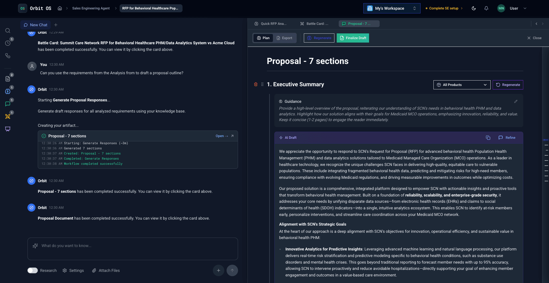 AI-generated proposal draft with client-specific content