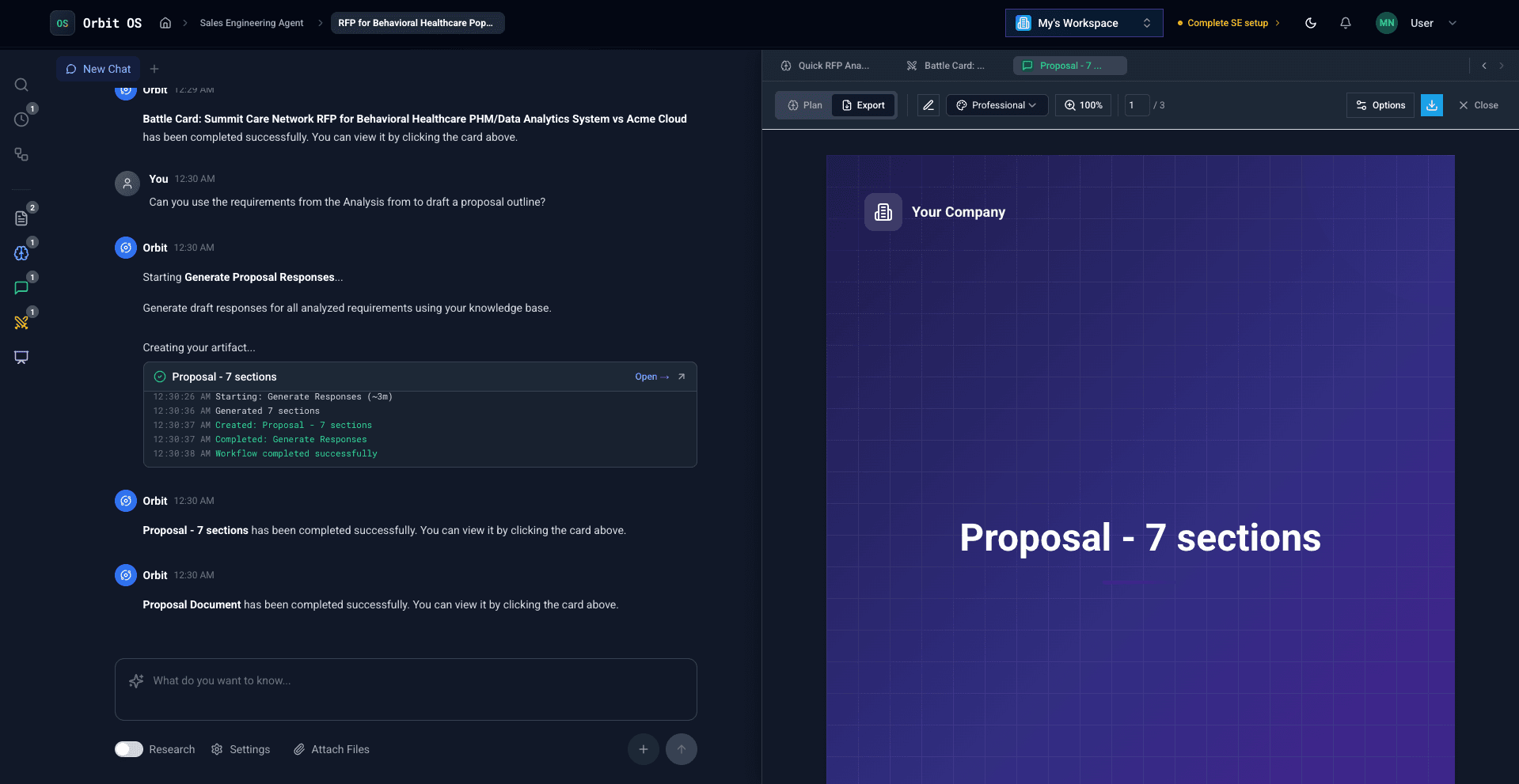 One-click proposal export to Word, PDF, and PowerPoint