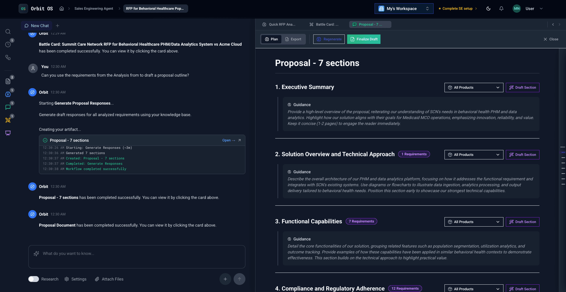 AI-generated proposal outline mapped to client requirements